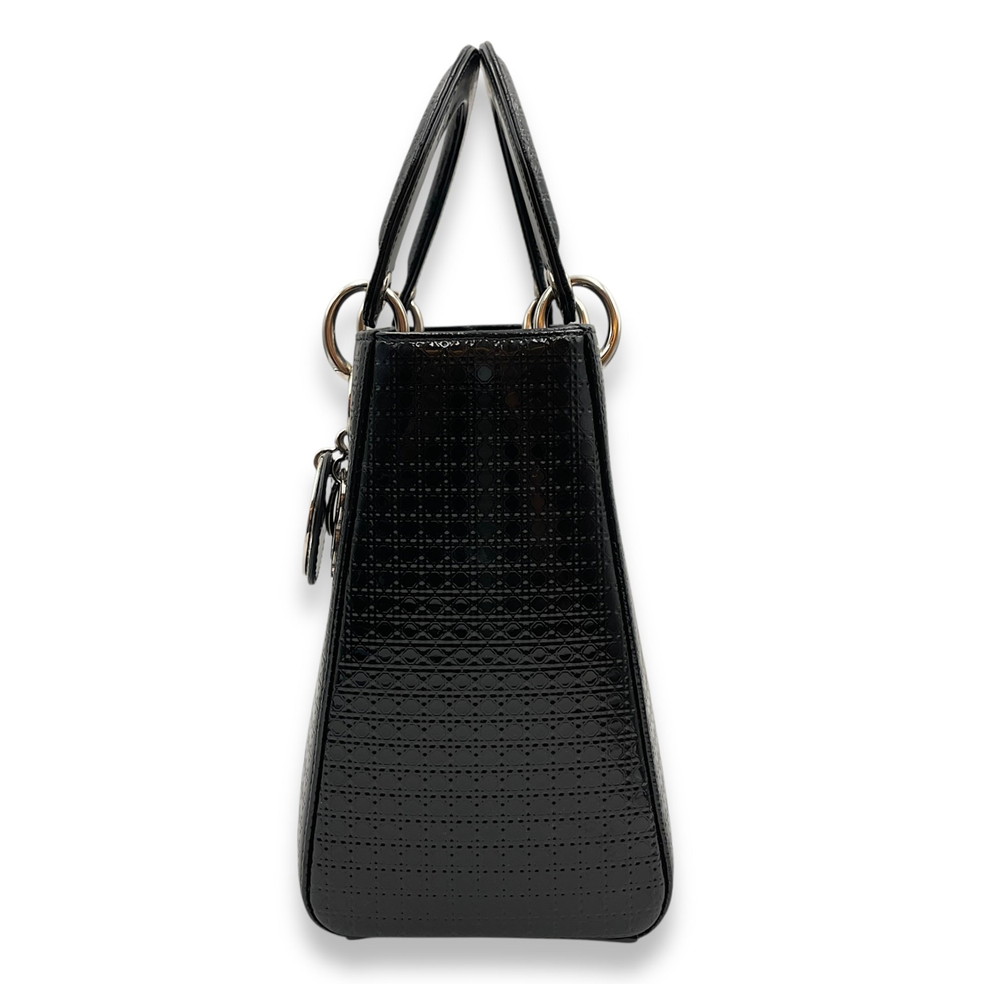 Lady Dior Cannage Tote with Zipper Medium Black Top Handle Bag in Patent, Silver hardware