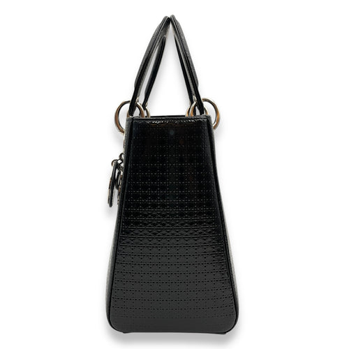 Lady Dior Cannage Tote with Zipper Medium Black Top Handle Bag in Patent, Silver hardware