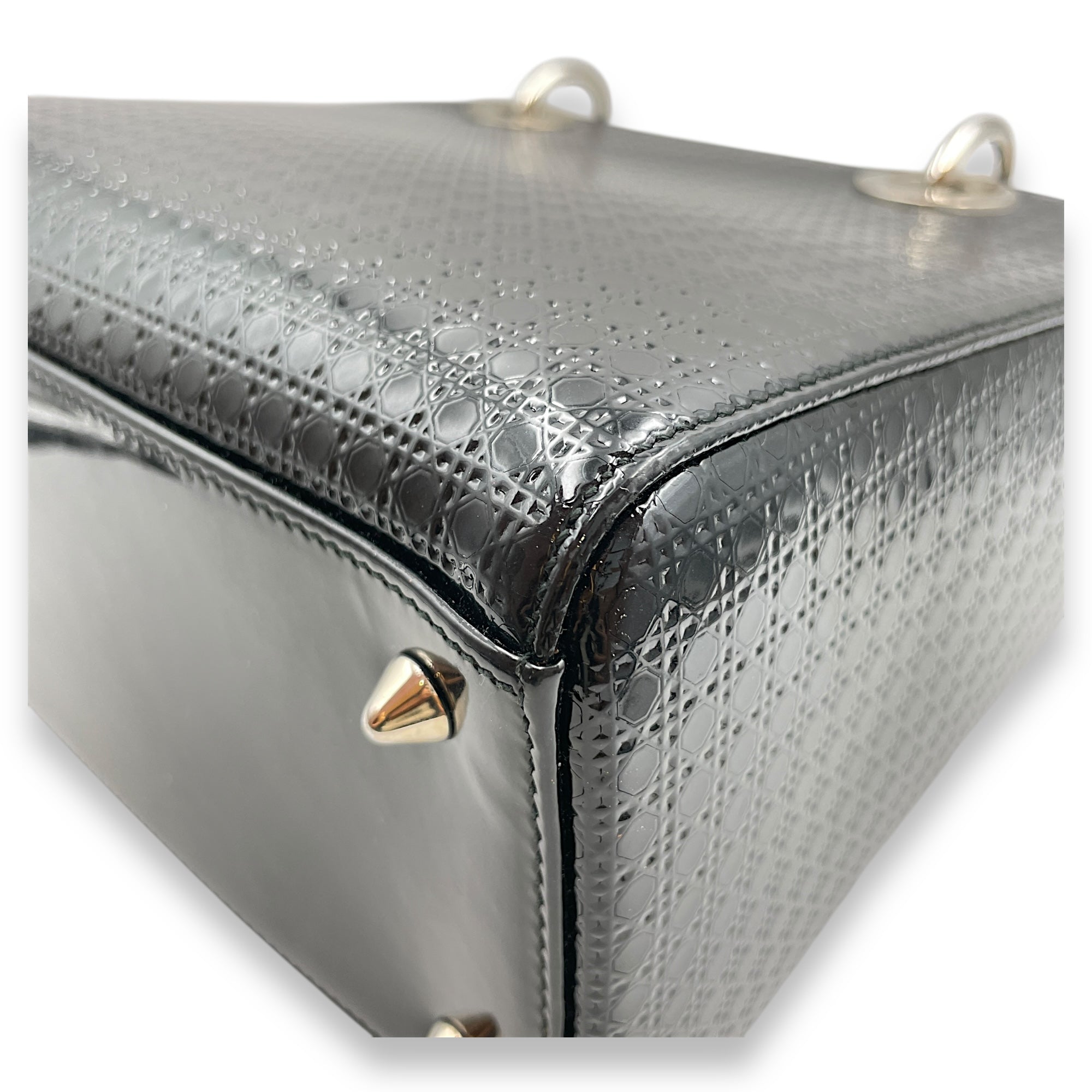 Lady Dior Cannage Tote with Zipper Medium Black Top Handle Bag in Patent, Silver hardware