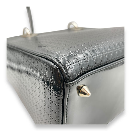 Lady Dior Cannage Tote with Zipper Medium Black Top Handle Bag in Patent, Silver hardware