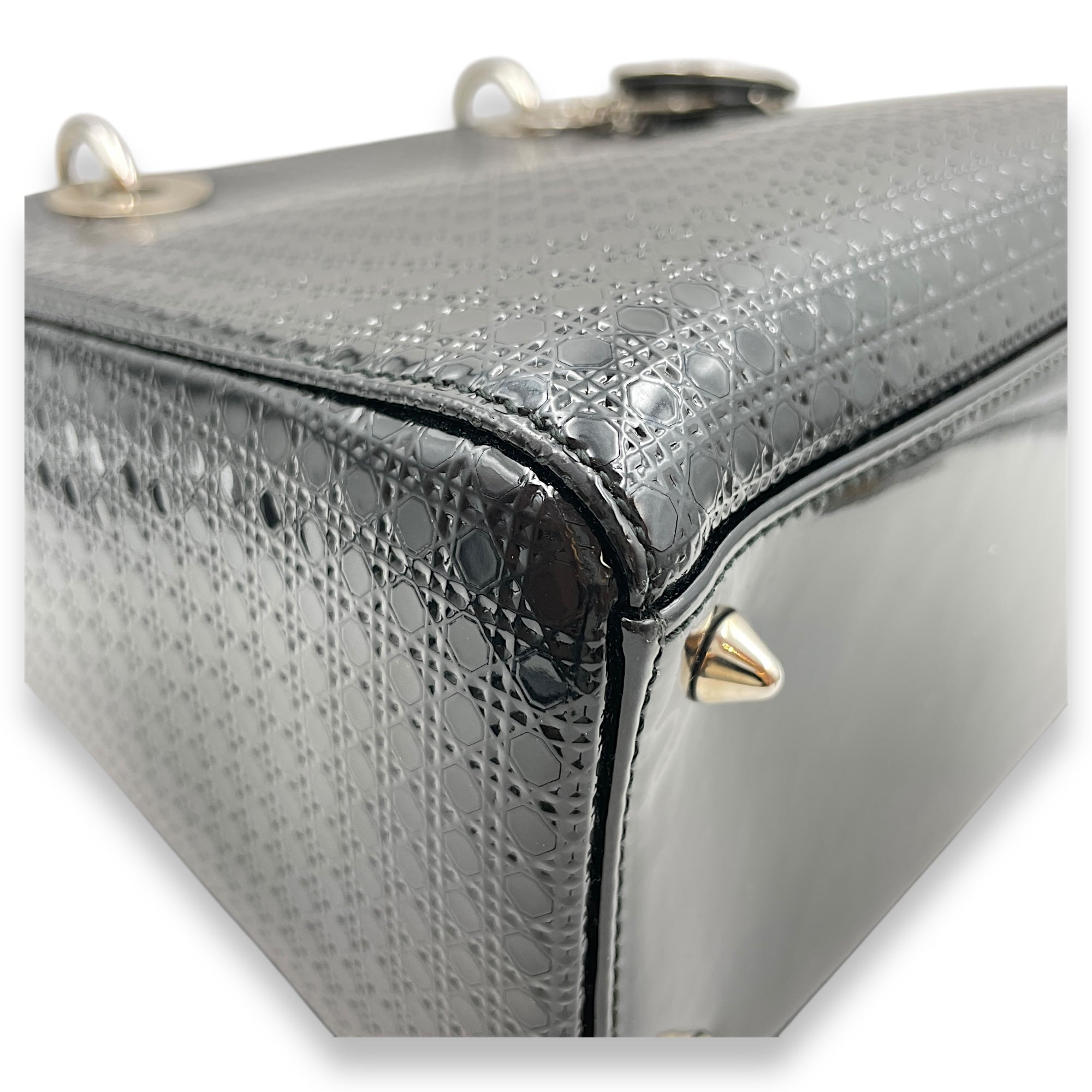Lady Dior Cannage Tote with Zipper Medium Black Top Handle Bag in Patent, Silver hardware