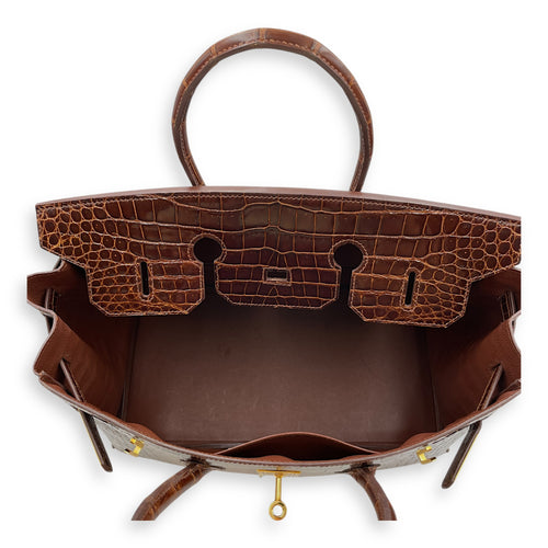 Birkin 35 Miel in Shiny Porosus, Gold hardware