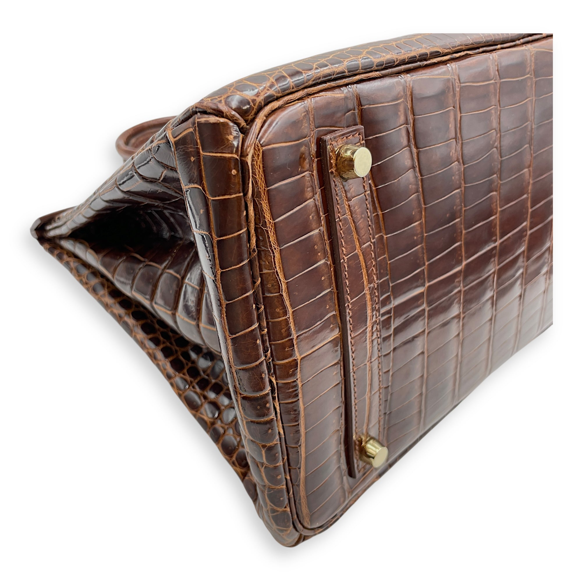 Birkin 35 Miel in Shiny Porosus, Gold hardware