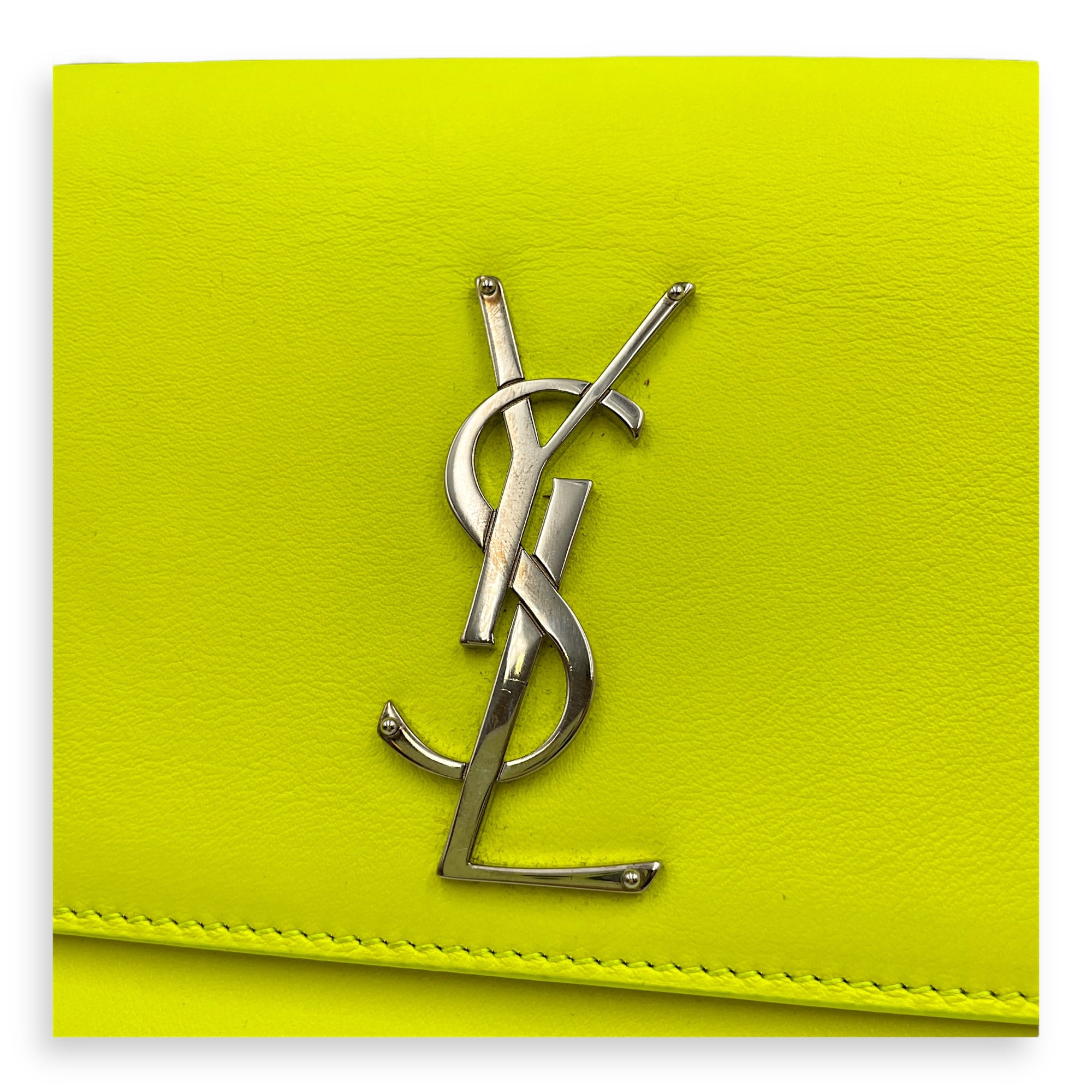 Belle De Jour Neon Yellow Clutch in Calfskin, Silver hardware