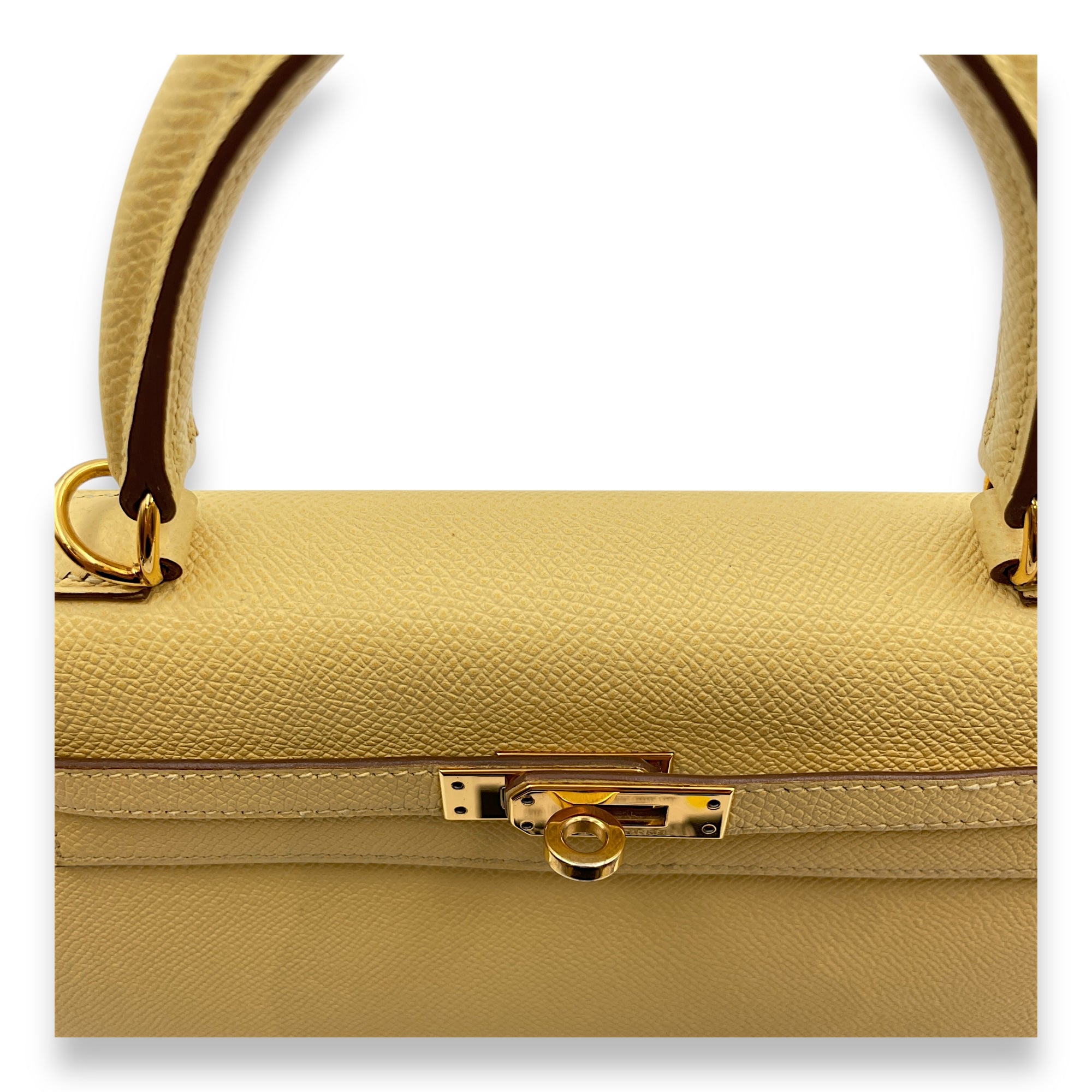 Sellier Kelly 25 Jaune Poussin in Epsom, Gold hardware