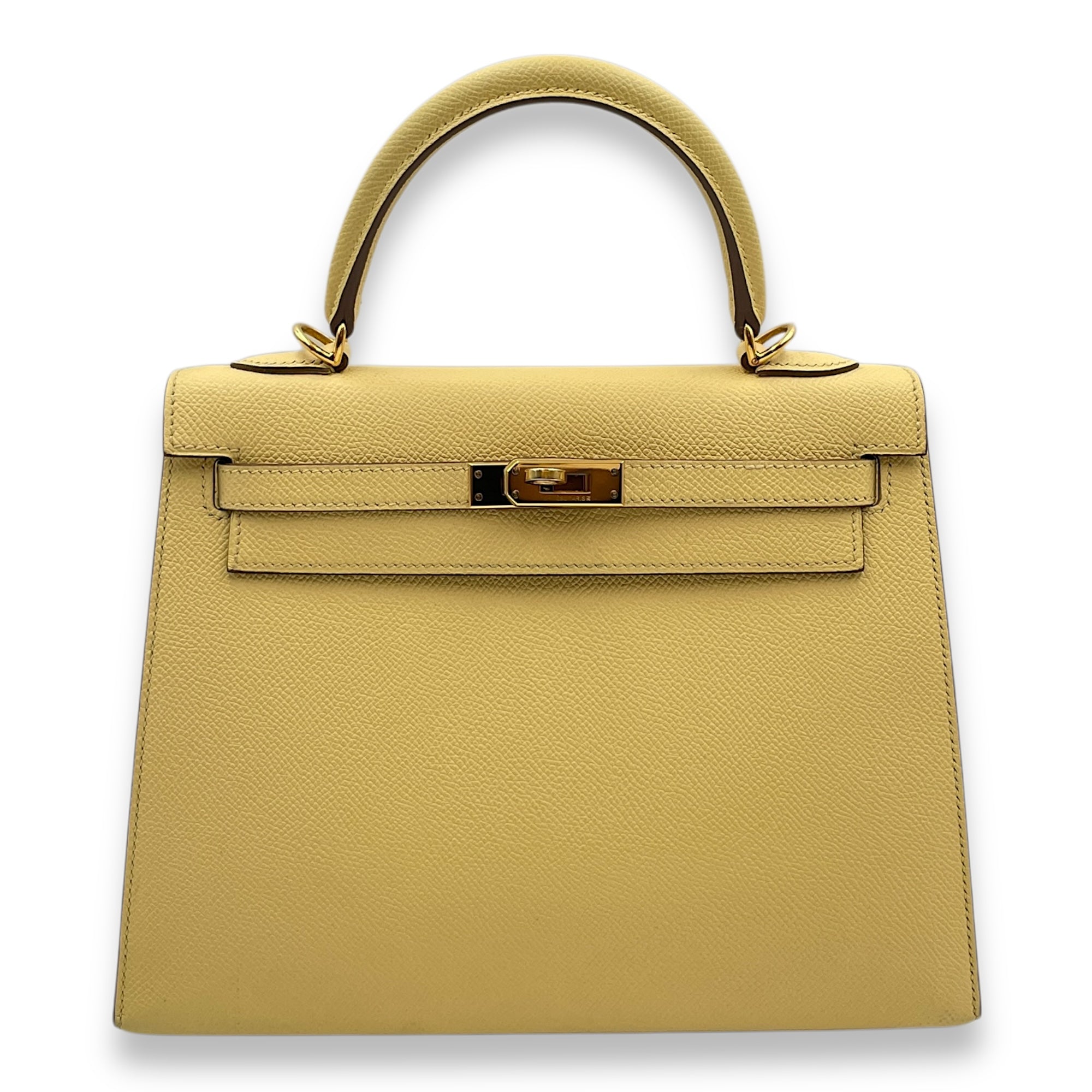 Sellier Kelly 25 Jaune Poussin in Epsom, Gold hardware