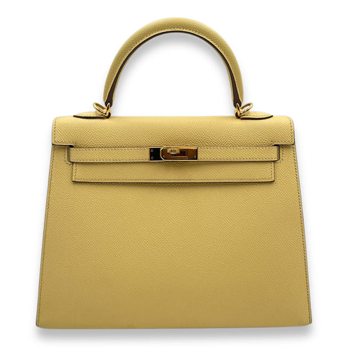 Sellier Kelly 25 Jaune Poussin in Epsom, Gold hardware