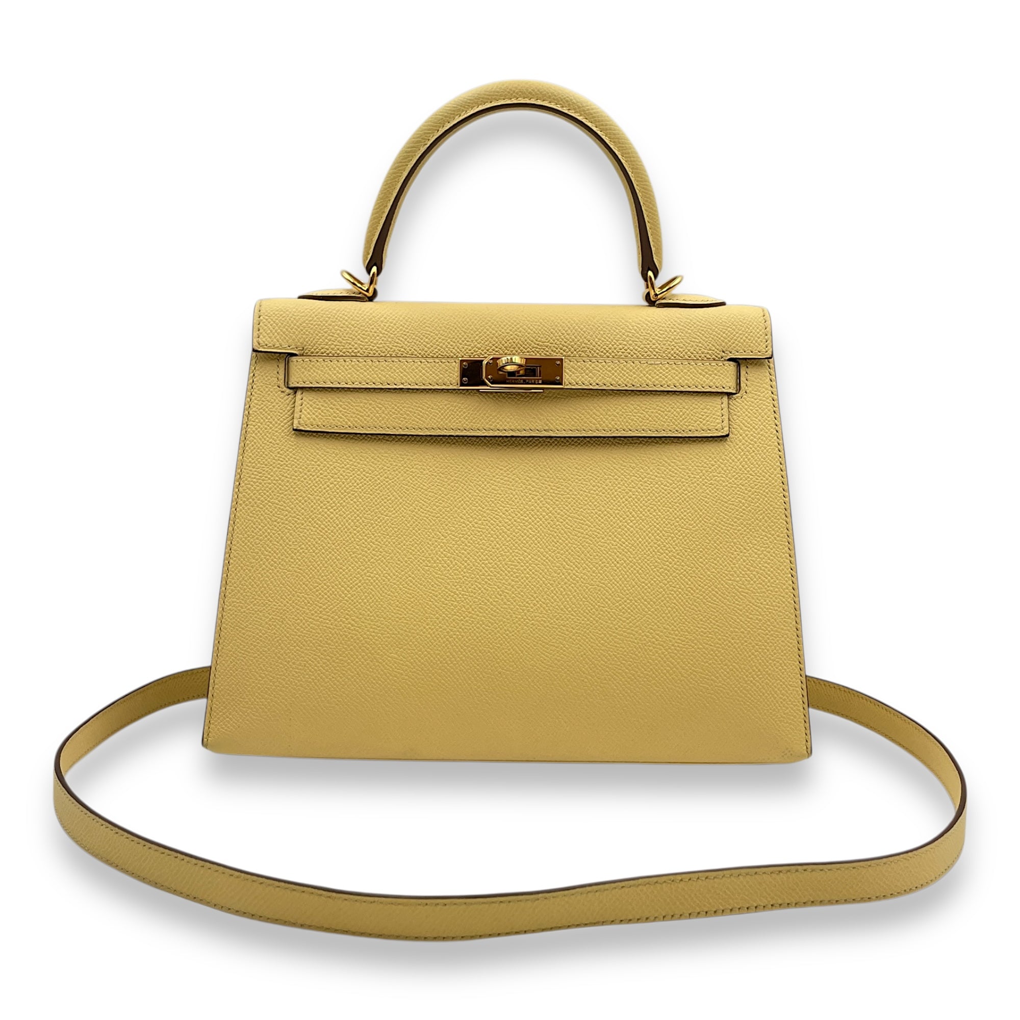 Sellier Kelly 25 Jaune Poussin in Epsom, Gold hardware