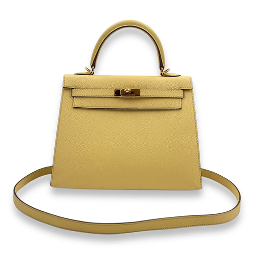Sellier Kelly 25 Jaune Poussin in Epsom, Gold hardware