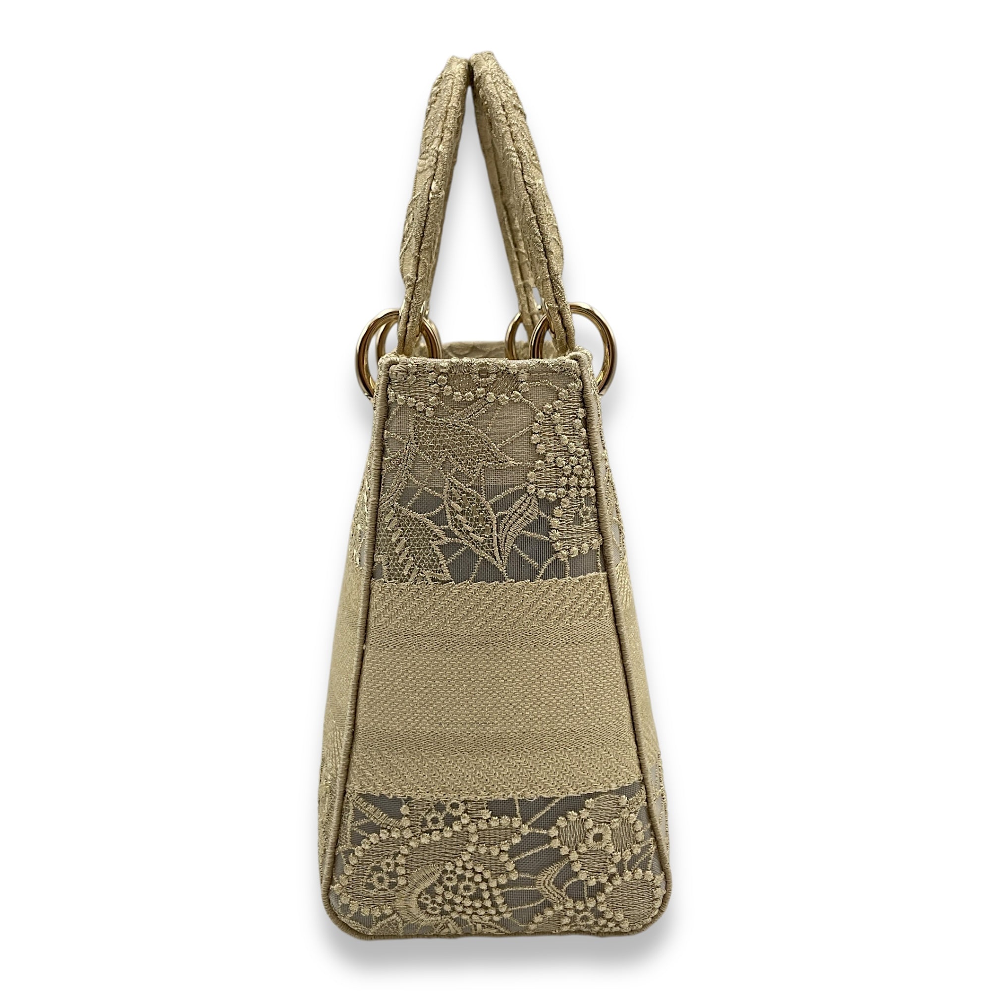Lady D-Lite Gold Top Handle Bag in Embroidered Canvas, Gold hardware