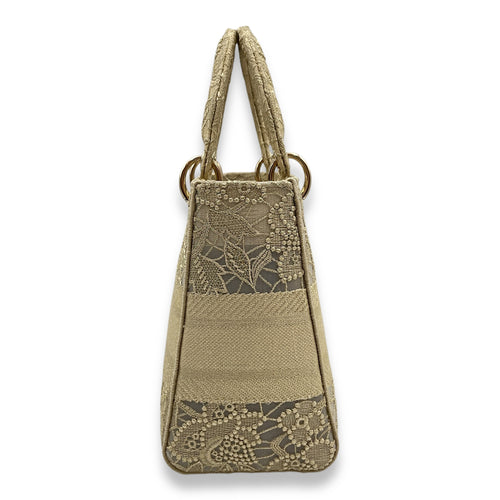 Lady D-Lite Gold Top Handle Bag in Embroidered Canvas, Gold hardware