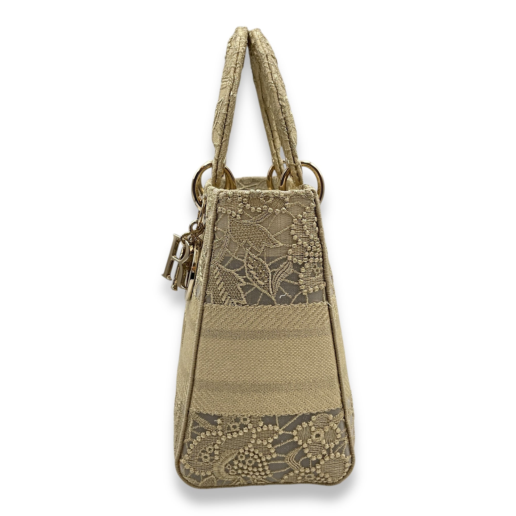 Lady D-Lite Gold Top Handle Bag in Embroidered Canvas, Gold hardware