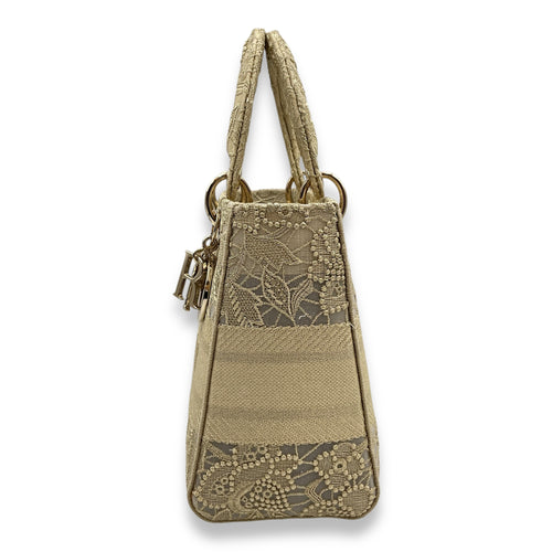Lady D-Lite Gold Top Handle Bag in Embroidered Canvas, Gold hardware