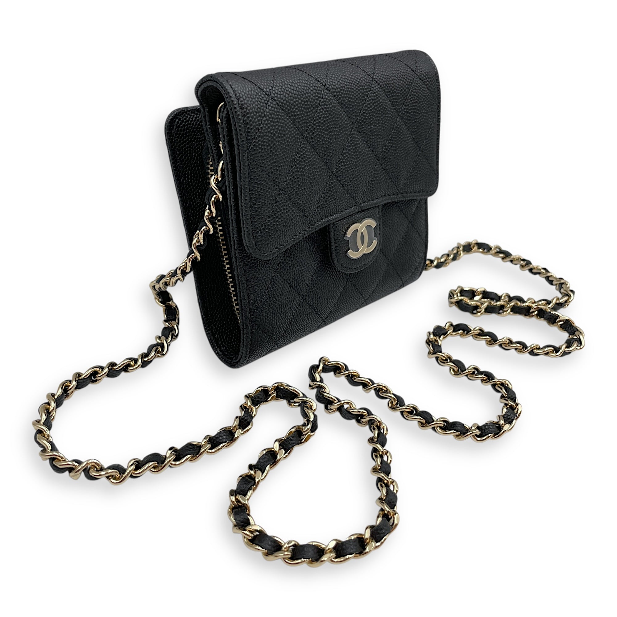 Quilted Classic Flap Black Wallet On Chain in Caviar Leather, Gold hardware