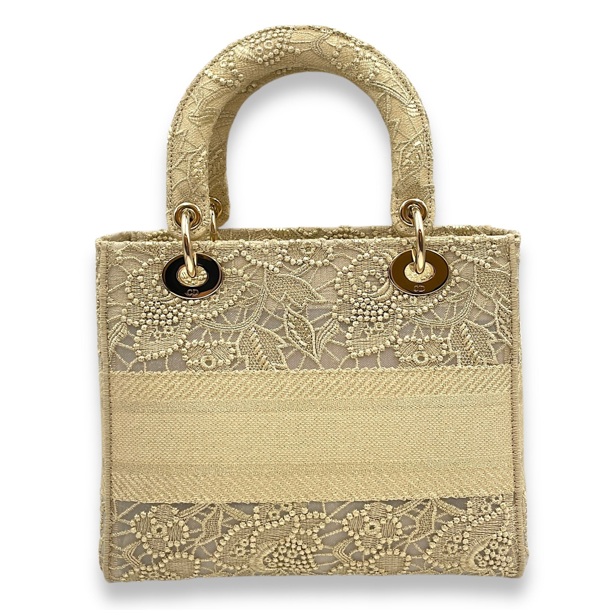 Lady D-Lite Gold Top Handle Bag in Embroidered Canvas, Gold hardware