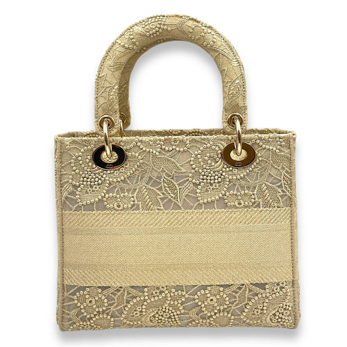Lady D-Lite Gold Top Handle Bag in Embroidered Canvas, Gold hardware