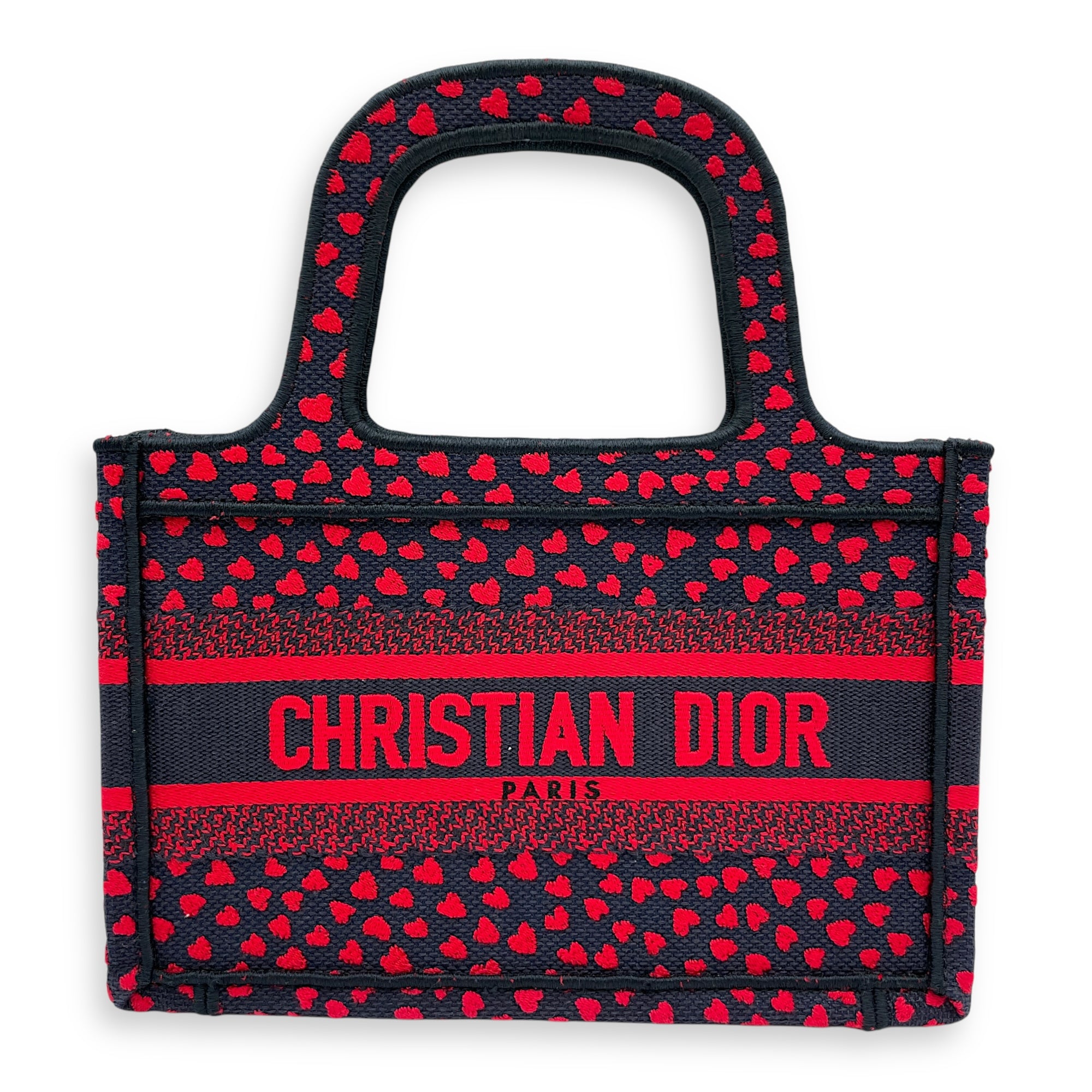 Book Tote with Heart Motif Mini Blue/Red Top Handle Bag in Canvas