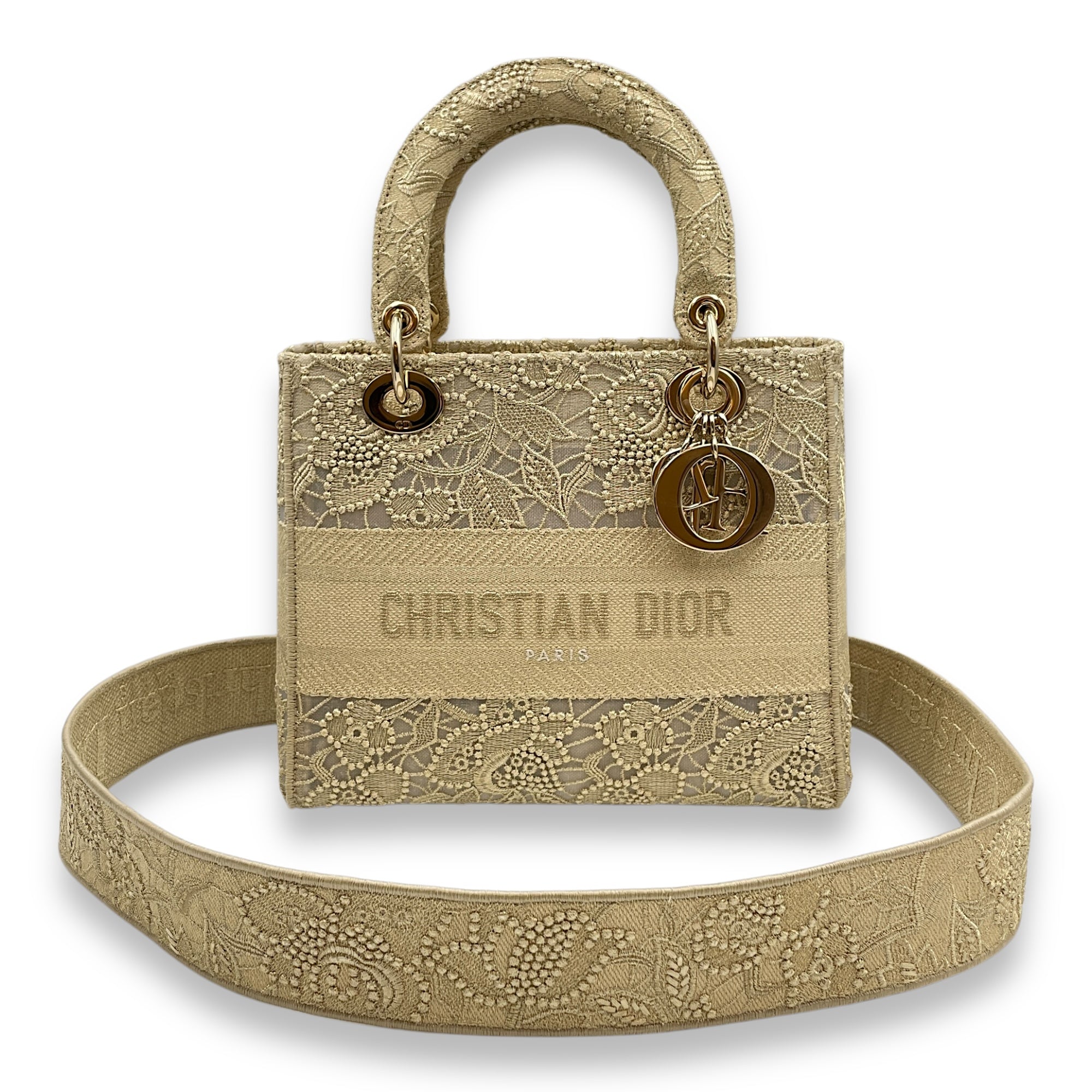 Lady D-Lite Gold Top Handle Bag in Embroidered Canvas, Gold hardware