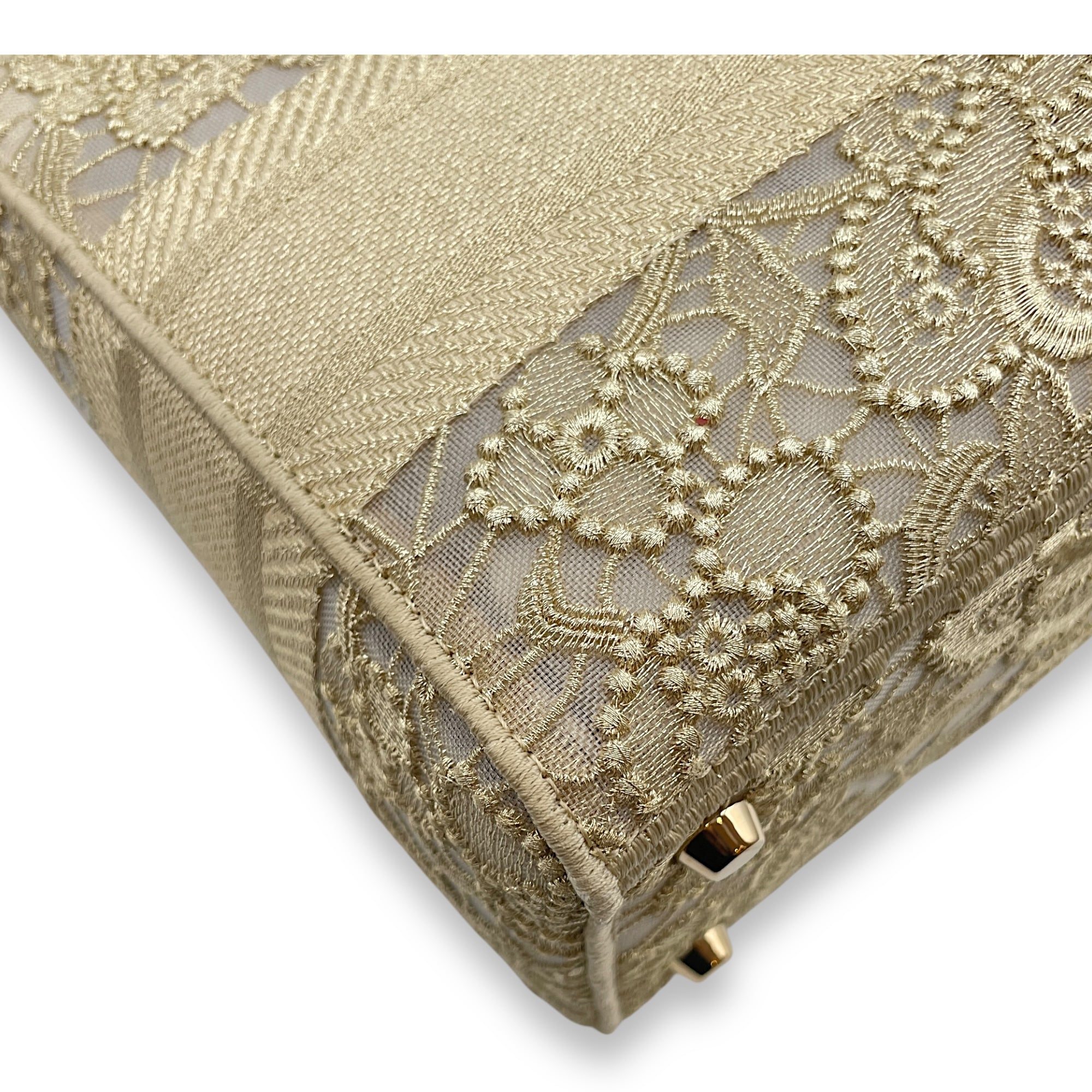 Lady D-Lite Gold Top Handle Bag in Embroidered Canvas, Gold hardware