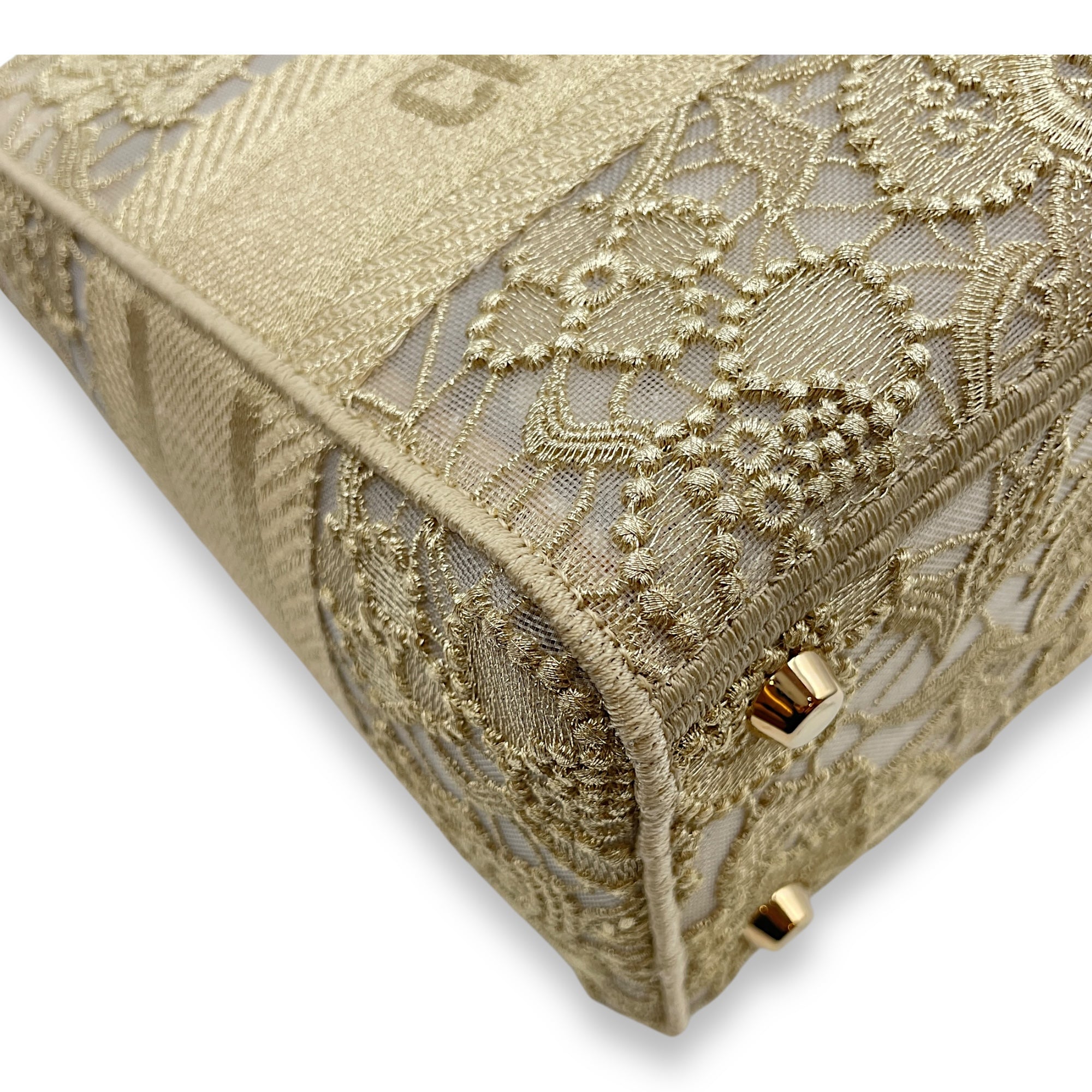 Lady D-Lite Gold Top Handle Bag in Embroidered Canvas, Gold hardware
