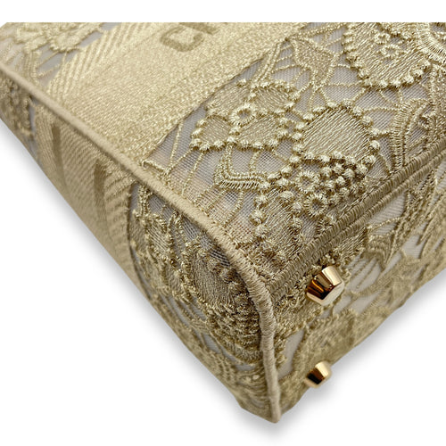 Lady D-Lite Gold Top Handle Bag in Embroidered Canvas, Gold hardware