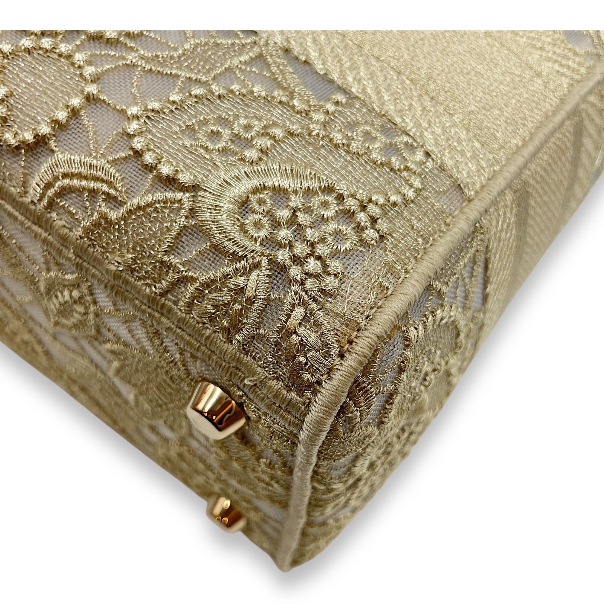 Lady D-Lite Gold Top Handle Bag in Embroidered Canvas, Gold hardware