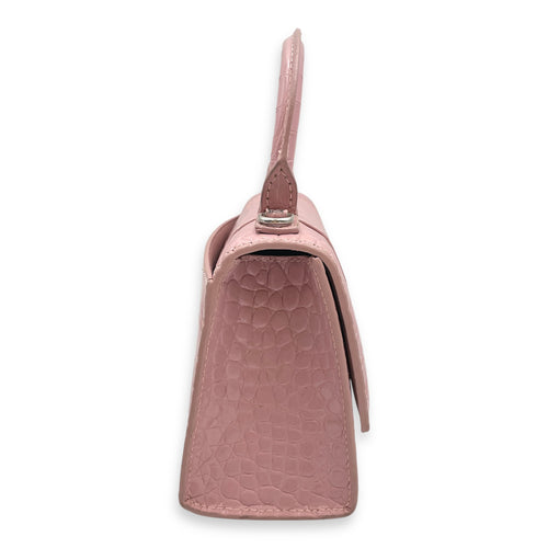 Hourglass Pink Crossbody Bag in Crocodile Embossed Leather, Silver hardware
