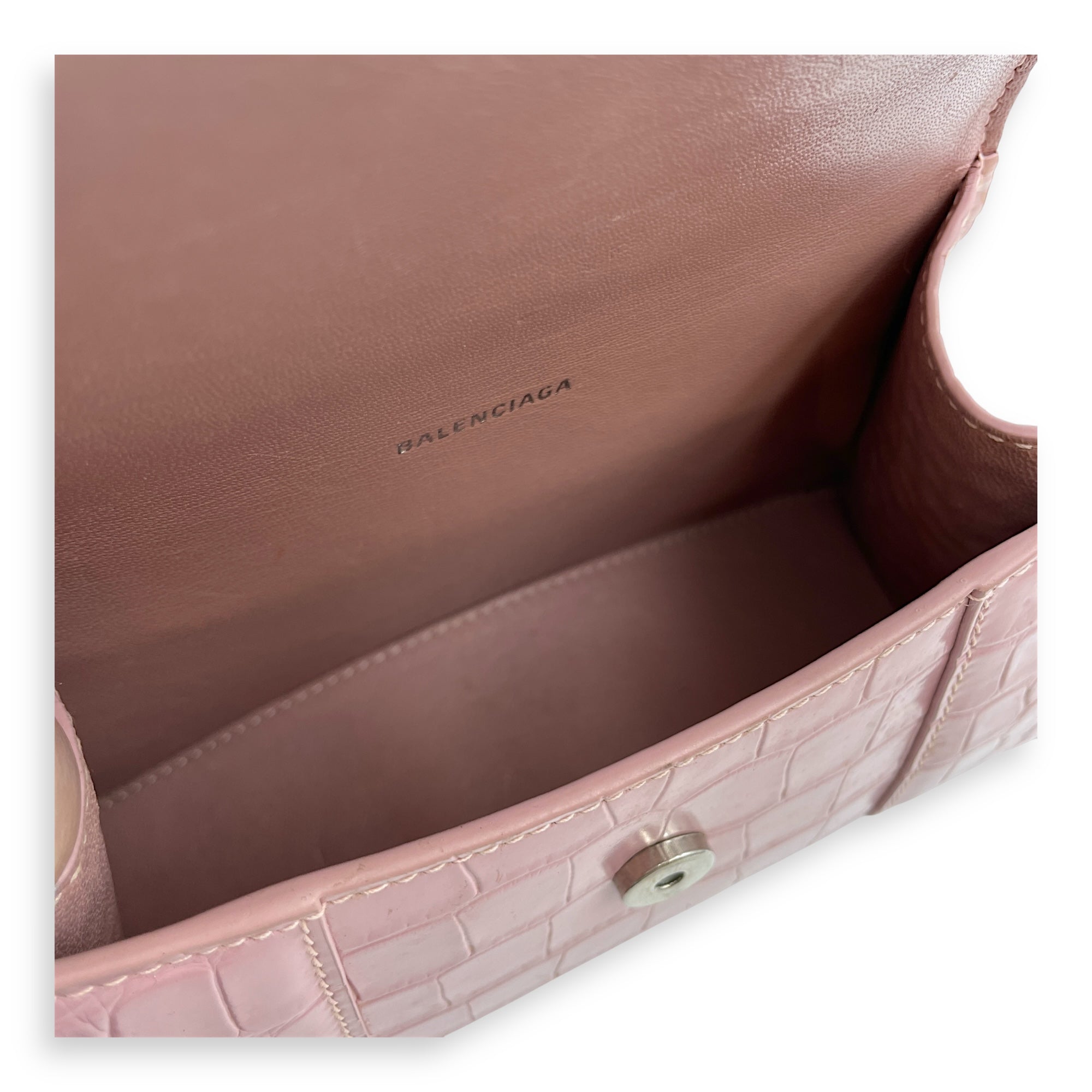 Hourglass Pink Crossbody Bag in Crocodile Embossed Leather, Silver hardware