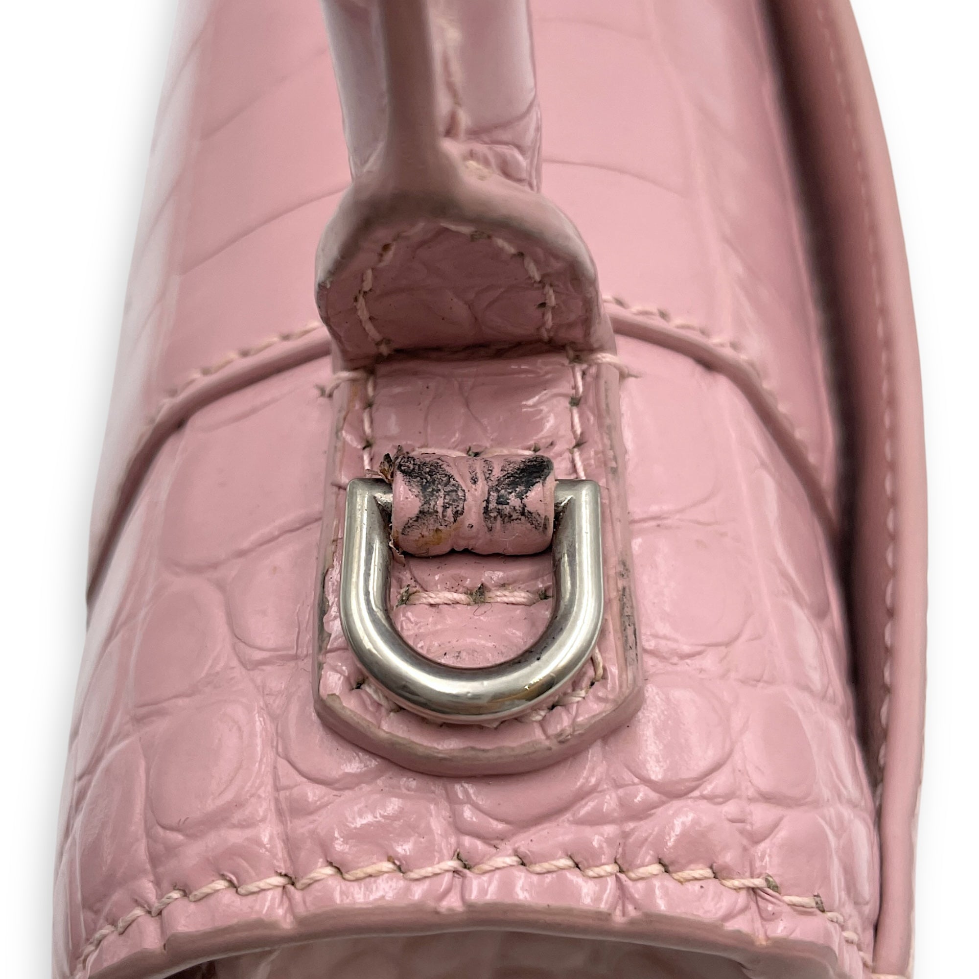 Hourglass Pink Crossbody Bag in Crocodile Embossed Leather, Silver hardware