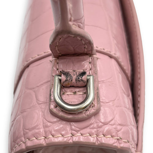 Hourglass Pink Crossbody Bag in Crocodile Embossed Leather, Silver hardware