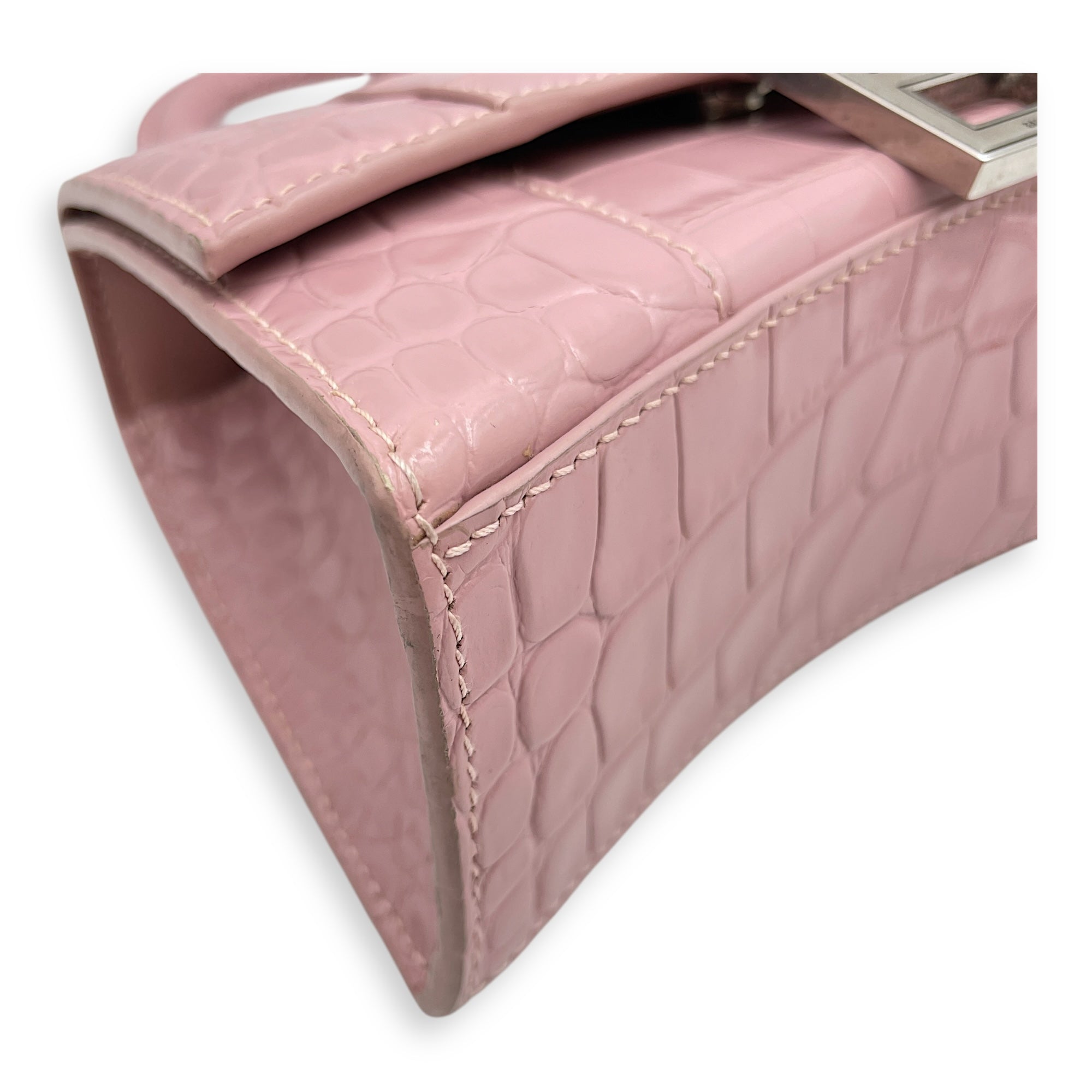 Hourglass Pink Crossbody Bag in Crocodile Embossed Leather, Silver hardware