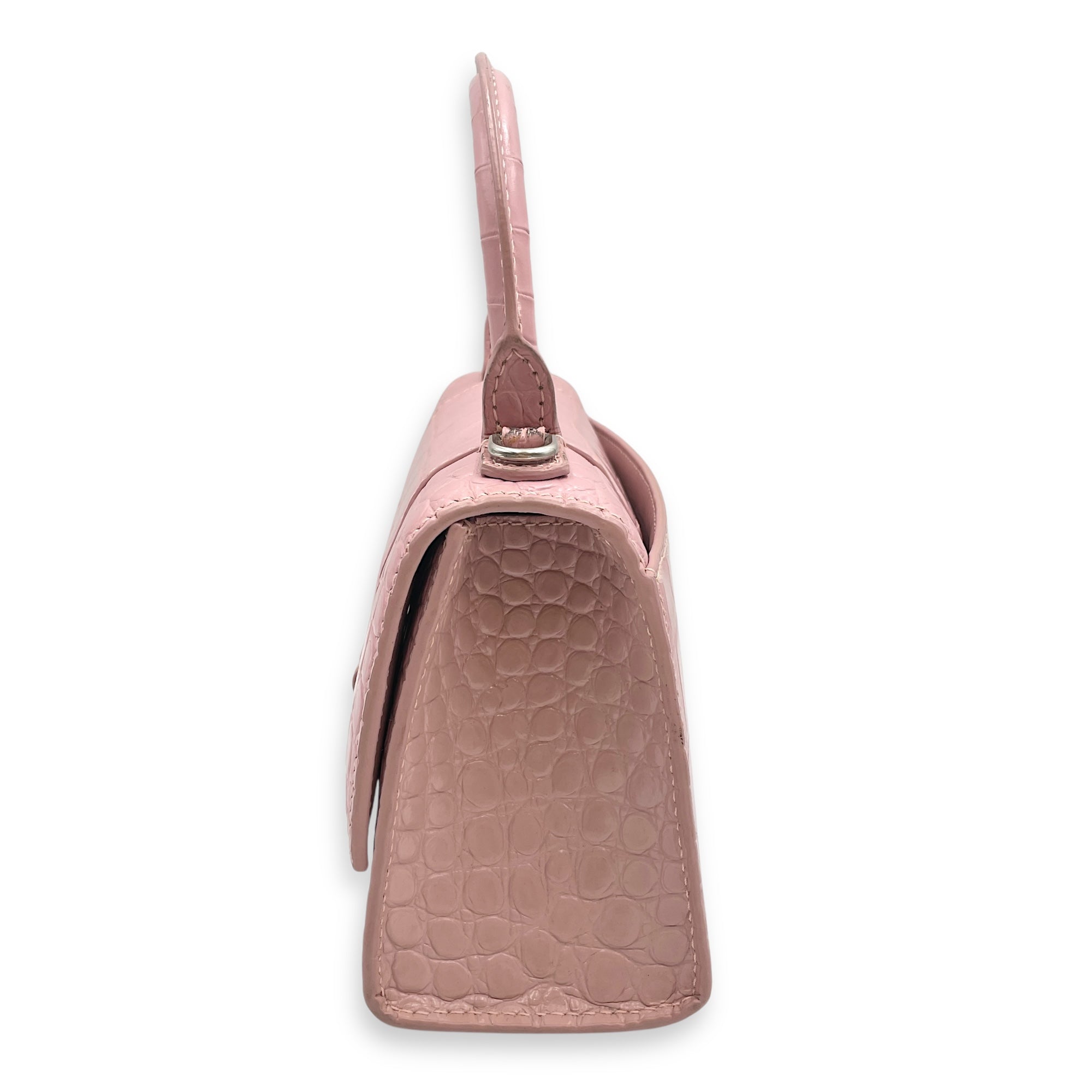 Hourglass Pink Crossbody Bag in Crocodile Embossed Leather, Silver hardware