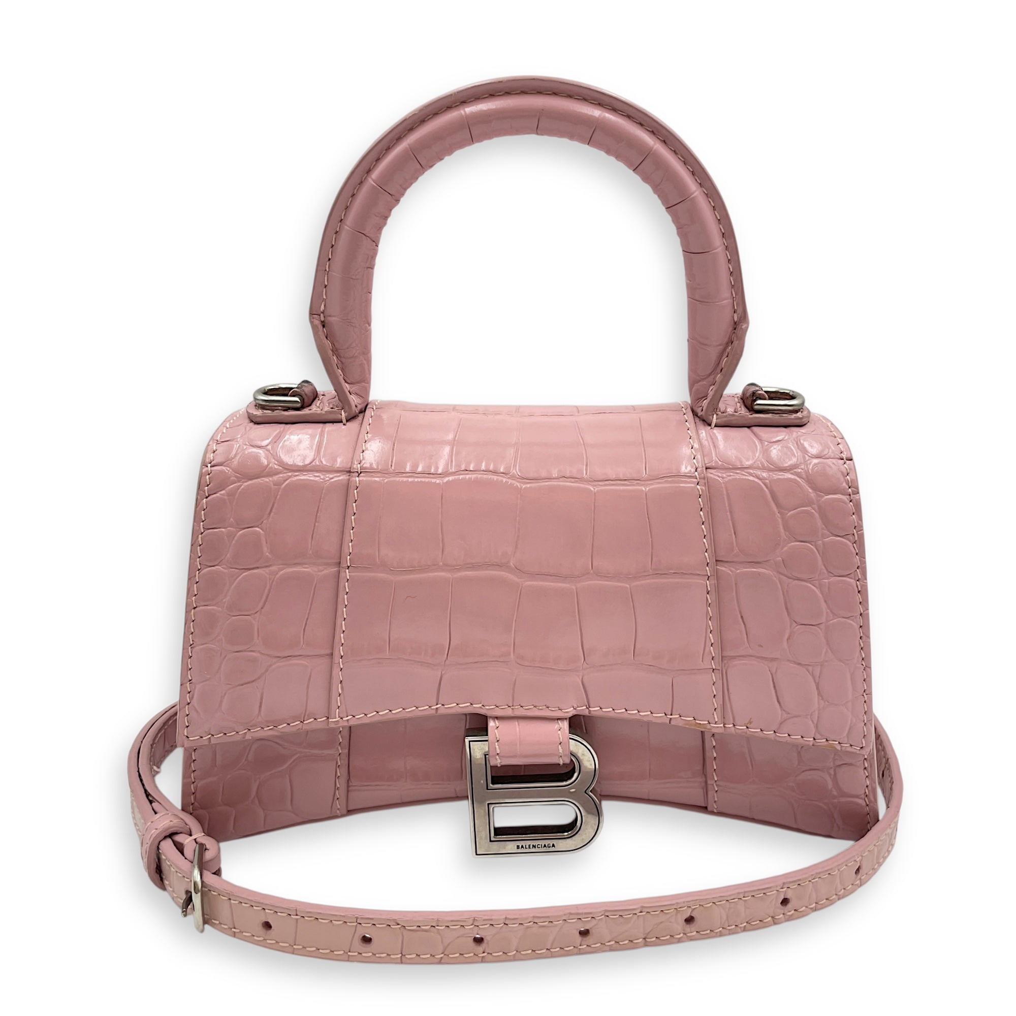 Hourglass Pink Crossbody Bag in Crocodile Embossed Leather, Silver hardware