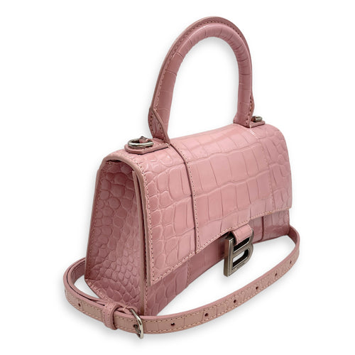 Hourglass Pink Crossbody Bag in Crocodile Embossed Leather, Silver hardware