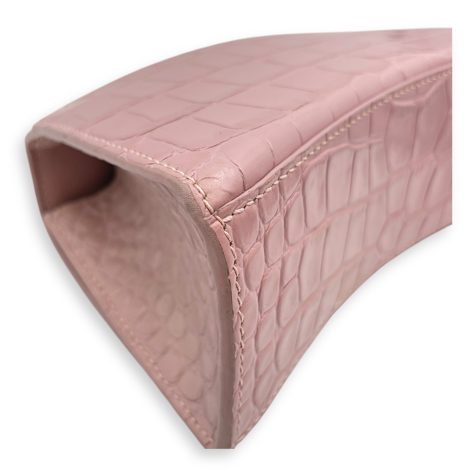 Hourglass Pink Crossbody Bag in Crocodile Embossed Leather, Silver hardware