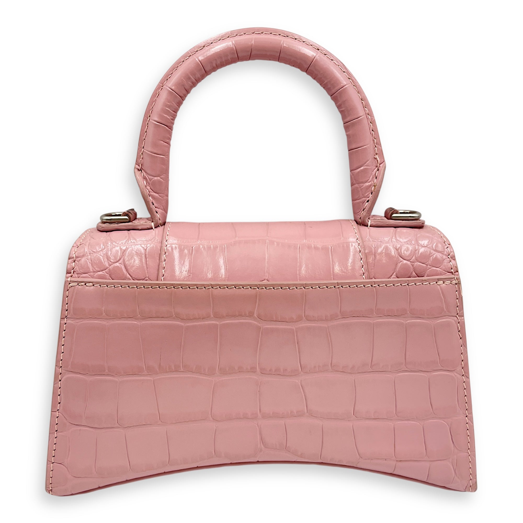 Hourglass Pink Crossbody Bag in Crocodile Embossed Leather, Silver hardware