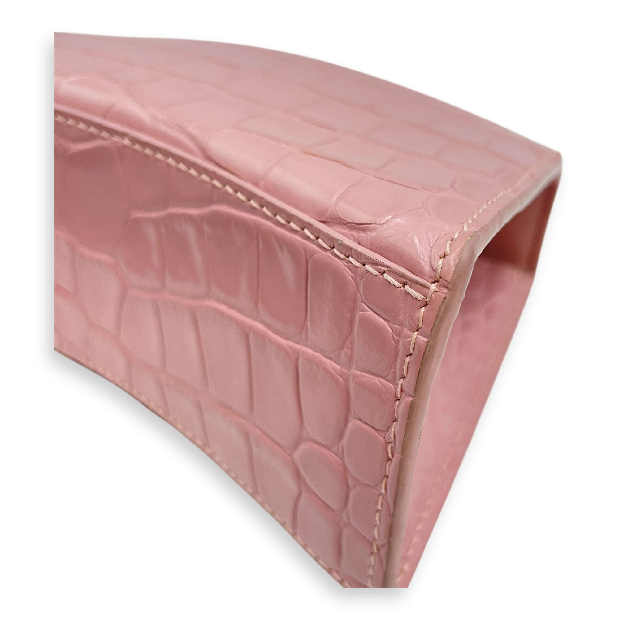 Hourglass Pink Crossbody Bag in Crocodile Embossed Leather, Silver hardware