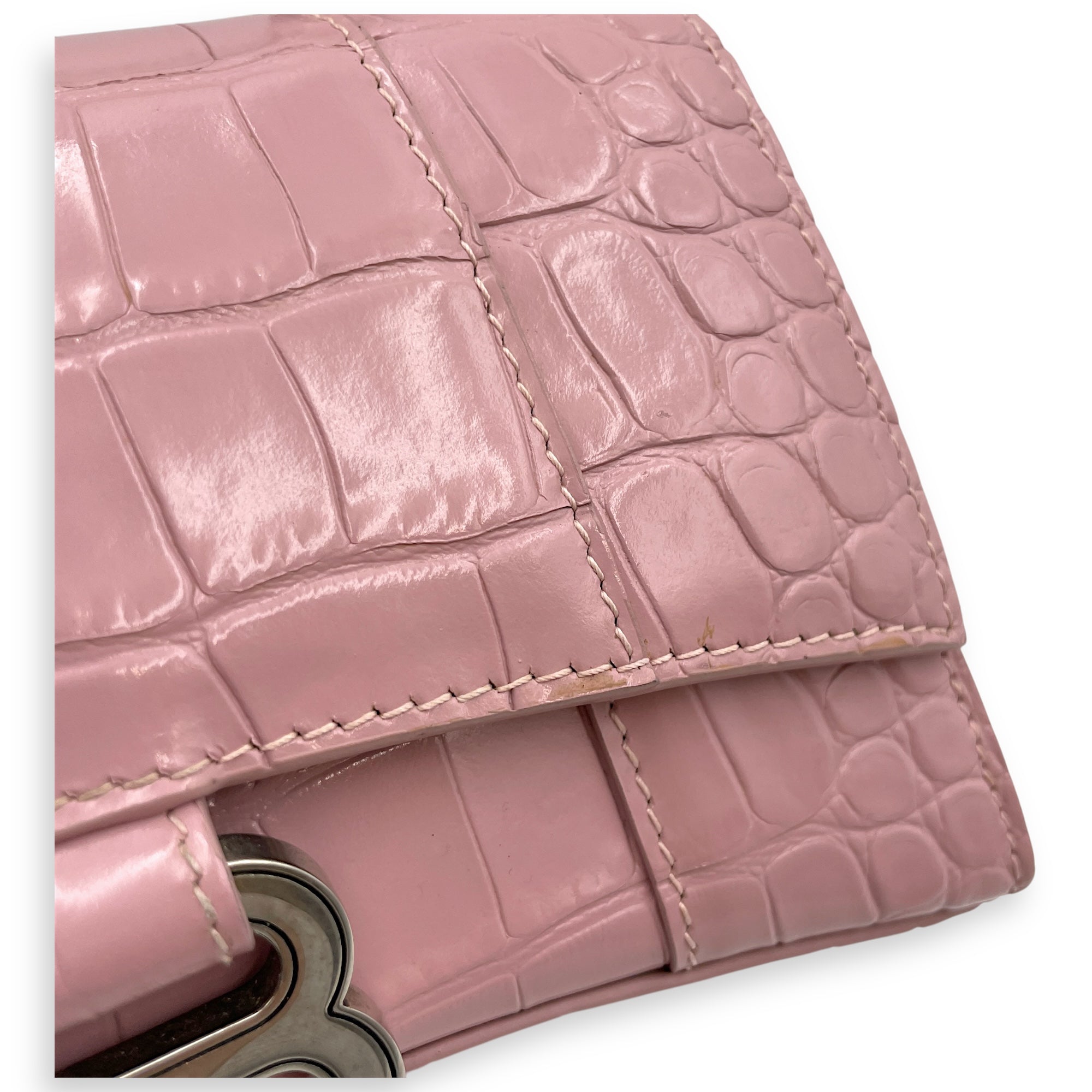 Hourglass Pink Crossbody Bag in Crocodile Embossed Leather, Silver hardware