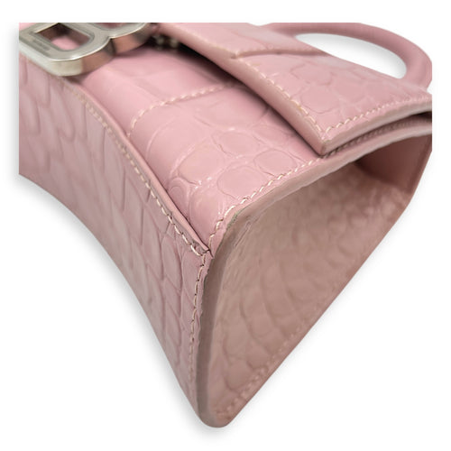 Hourglass Pink Crossbody Bag in Crocodile Embossed Leather, Silver hardware