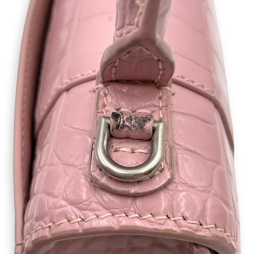 Hourglass Pink Crossbody Bag in Crocodile Embossed Leather, Silver hardware