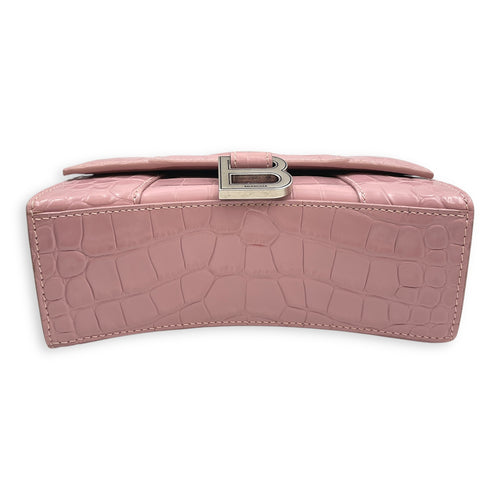 Hourglass Pink Crossbody Bag in Crocodile Embossed Leather, Silver hardware