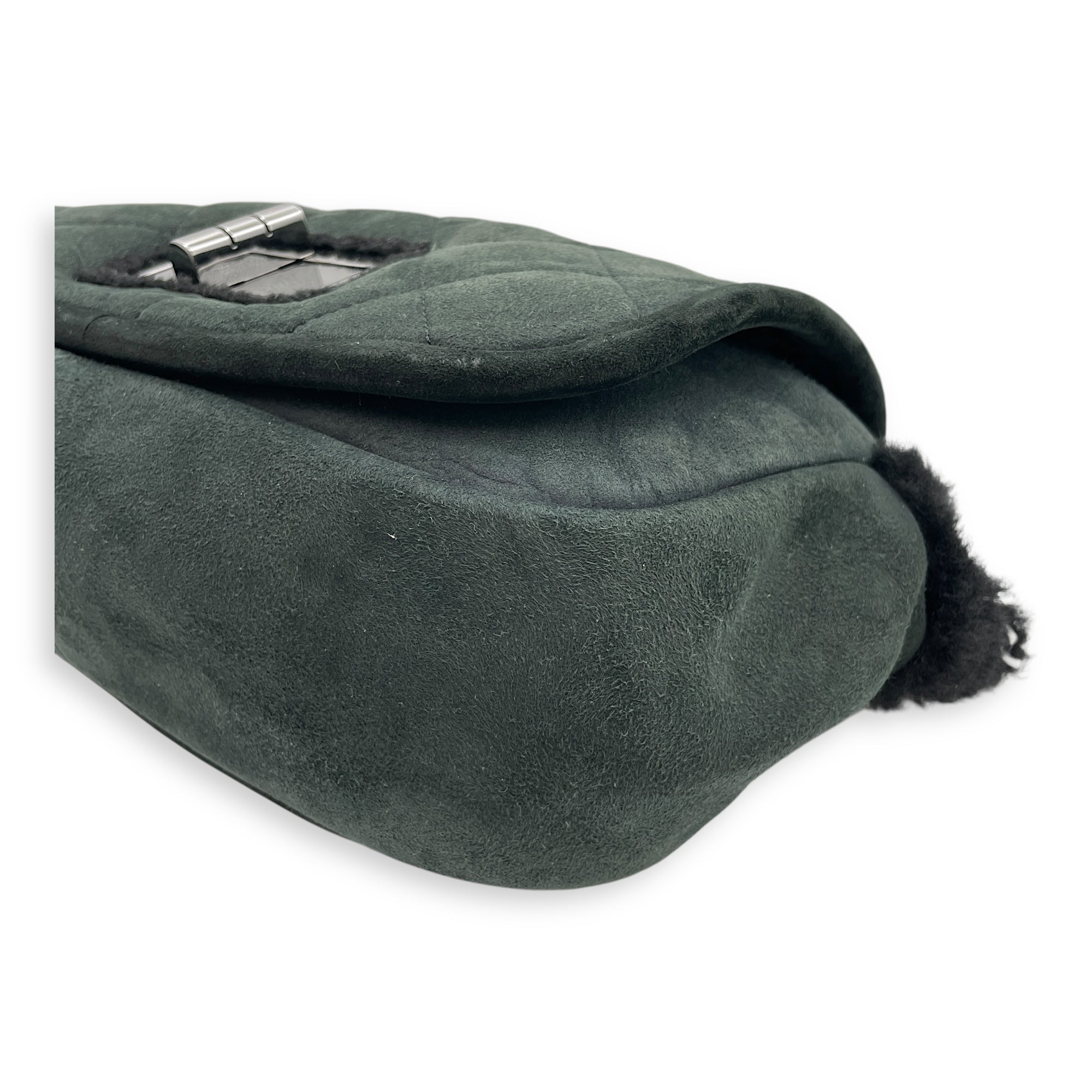 Quilted Shearling Mademoiselle Lock Dark Green Shoulder Bag in Nubuck, Silver hardware