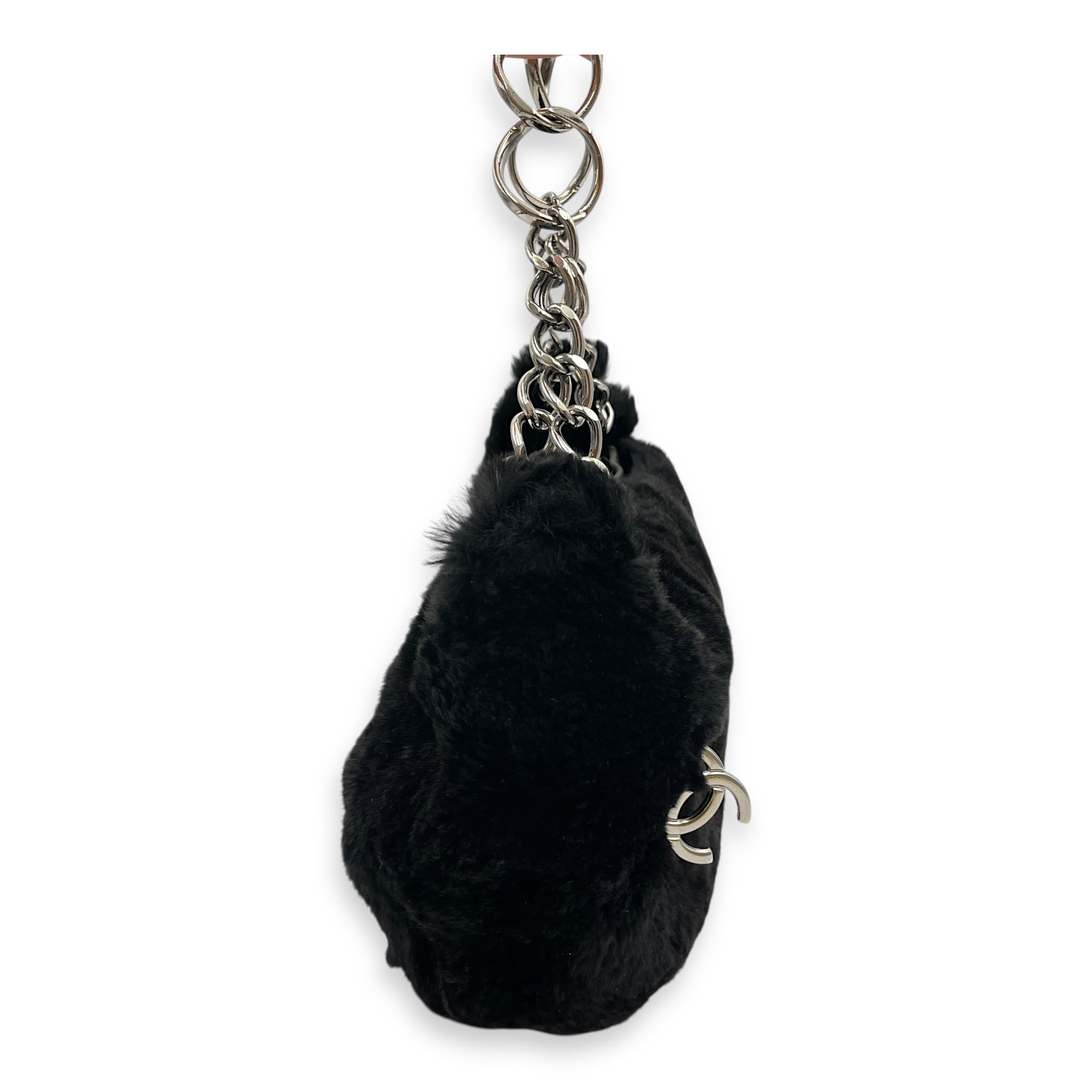 Vintage Black Shoulder Bag in Faux Fur, Silver hardware