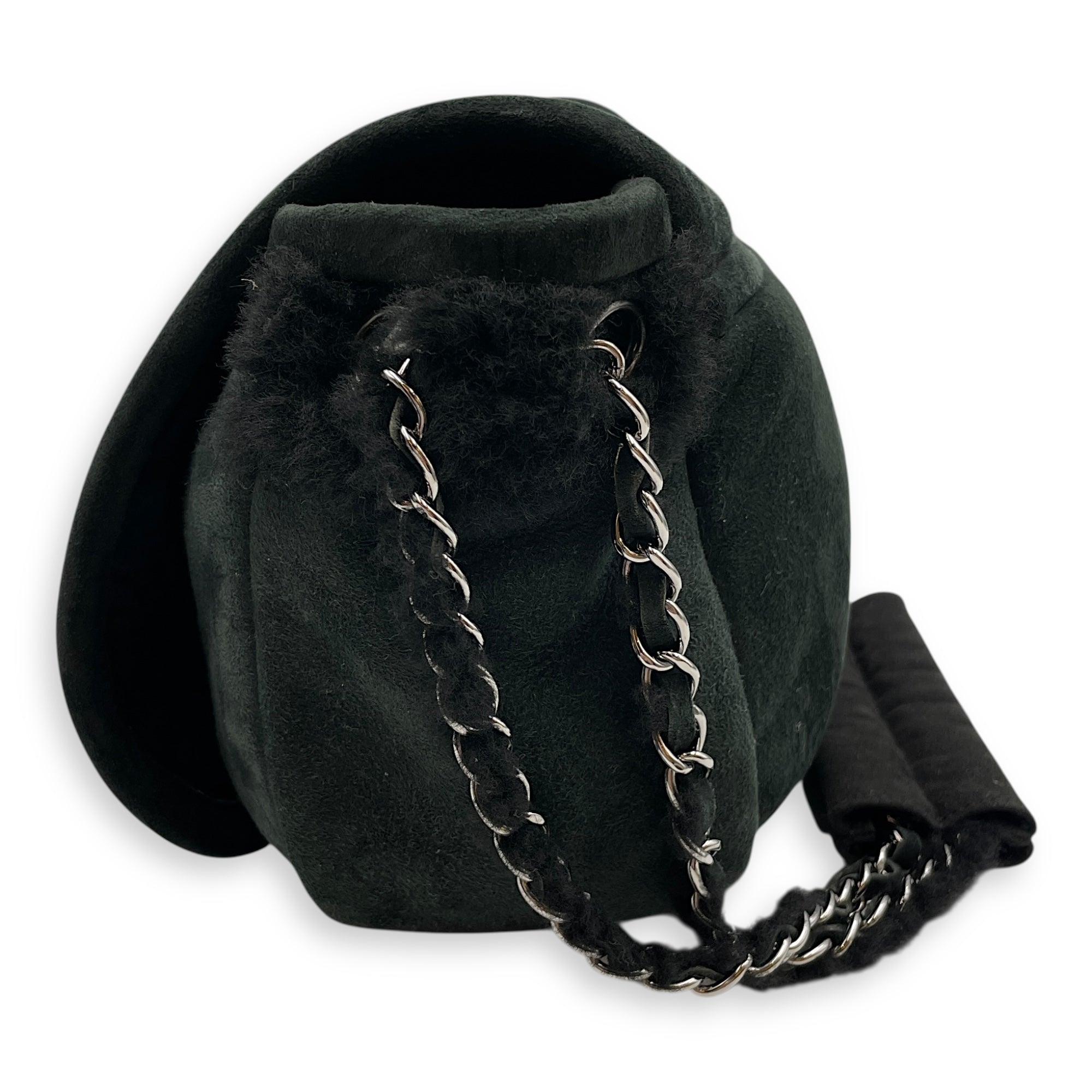 Quilted Shearling Mademoiselle Lock Dark Green Shoulder Bag in Nubuck, Silver hardware
