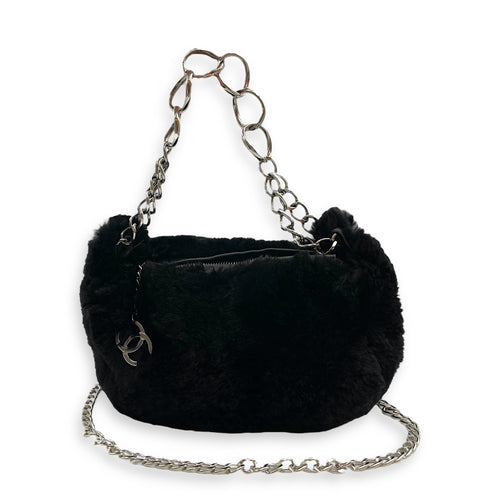 Vintage Black Shoulder Bag in Faux Fur, Silver hardware