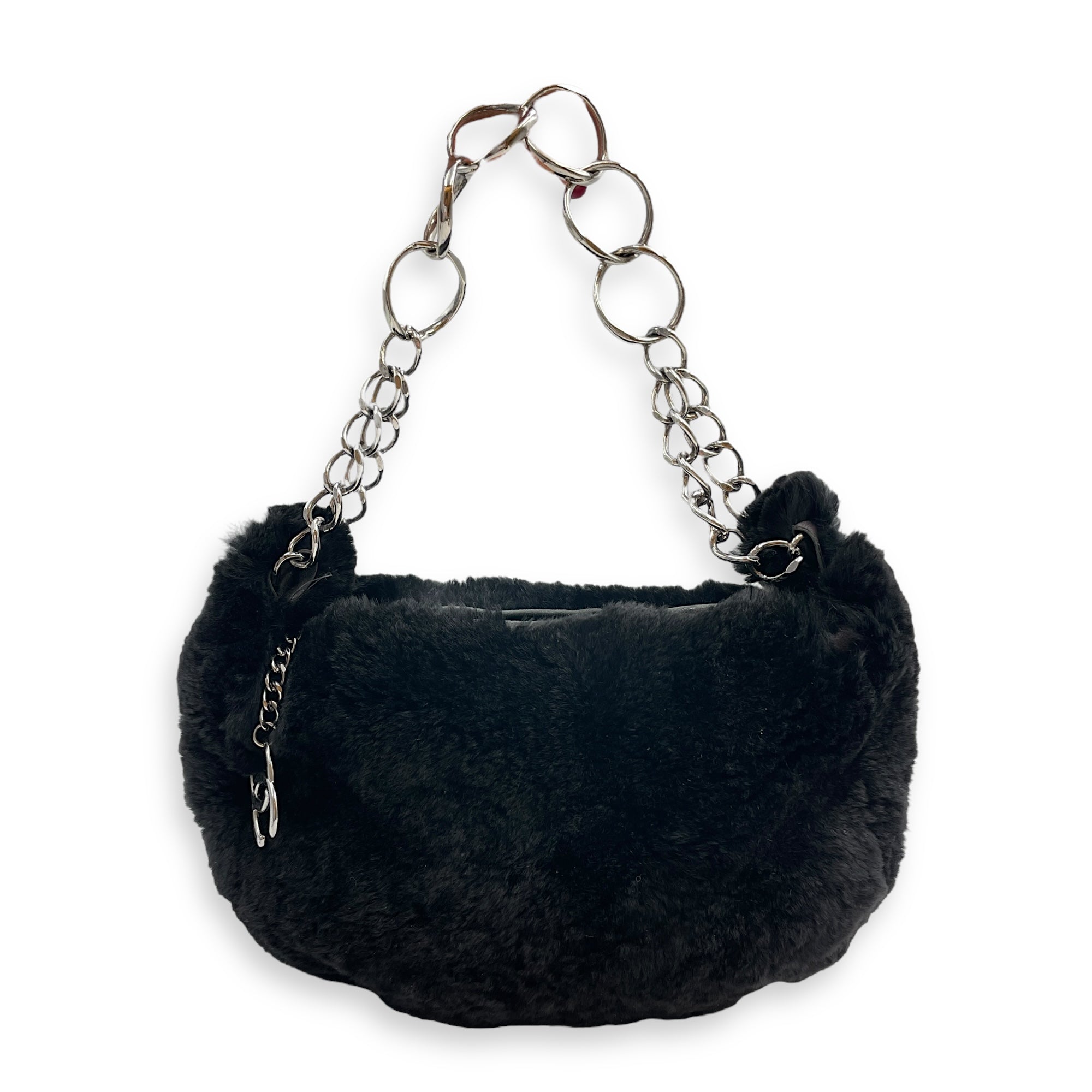 Vintage Black Shoulder Bag in Faux Fur, Silver hardware