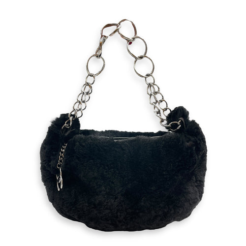 Vintage Black Shoulder Bag in Faux Fur, Silver hardware