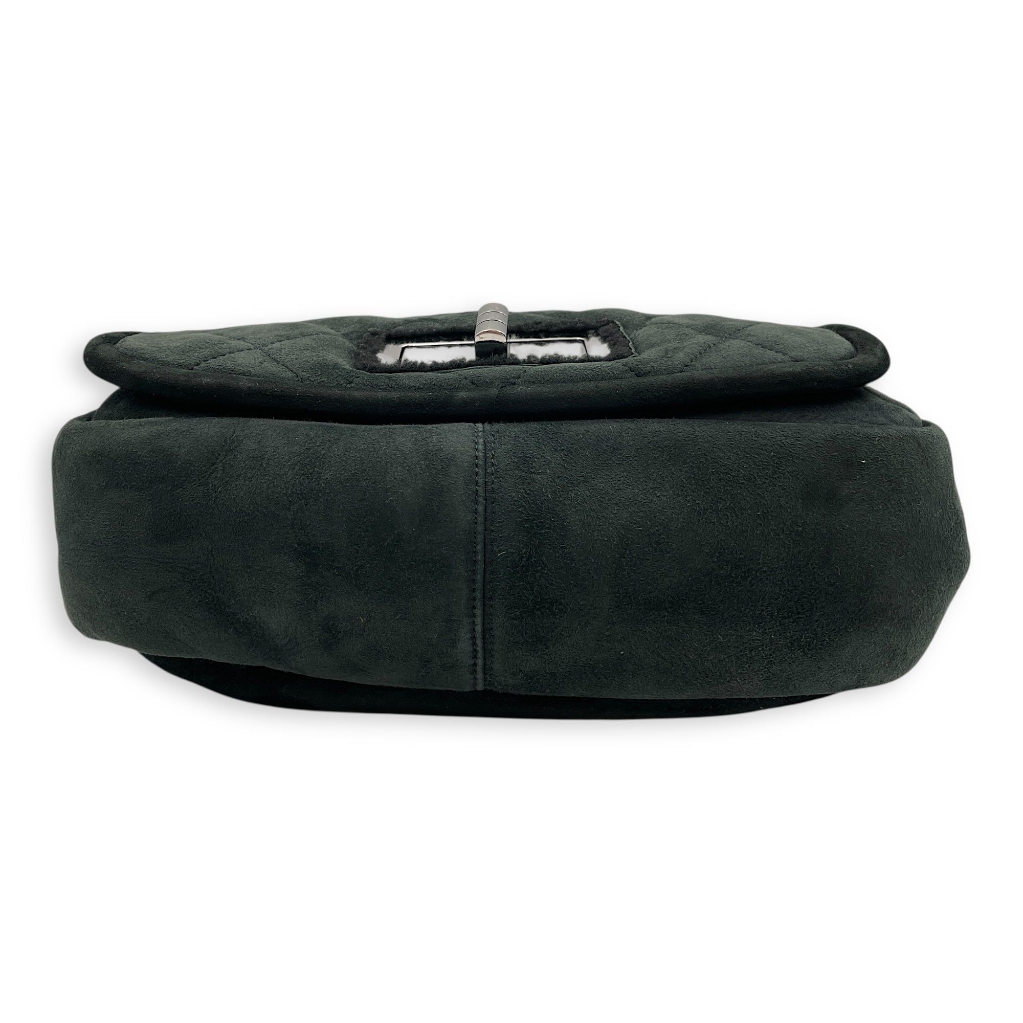Quilted Shearling Mademoiselle Lock Dark Green Shoulder Bag in Nubuck, Silver hardware