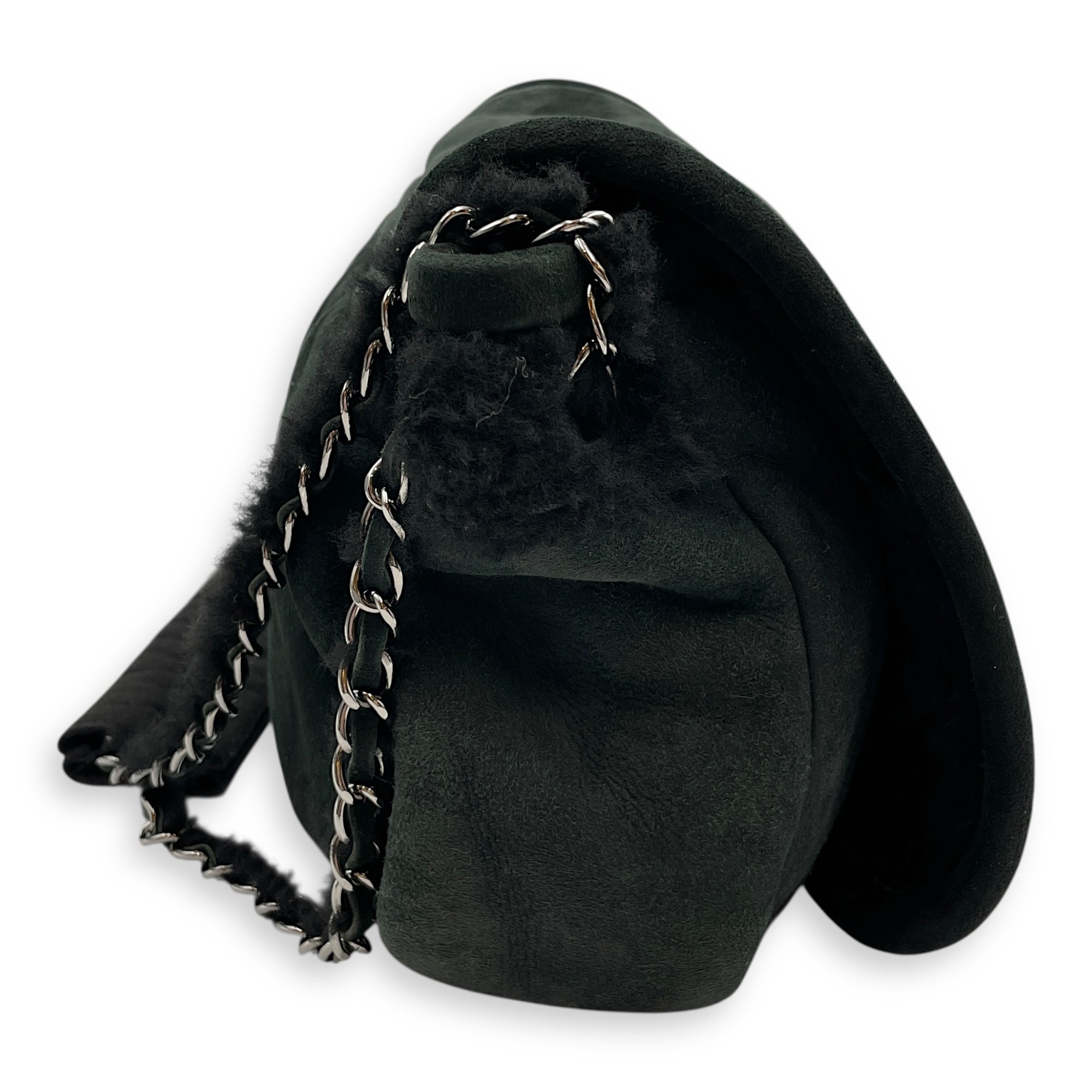 Quilted Shearling Mademoiselle Lock Dark Green Shoulder Bag in Nubuck, Silver hardware