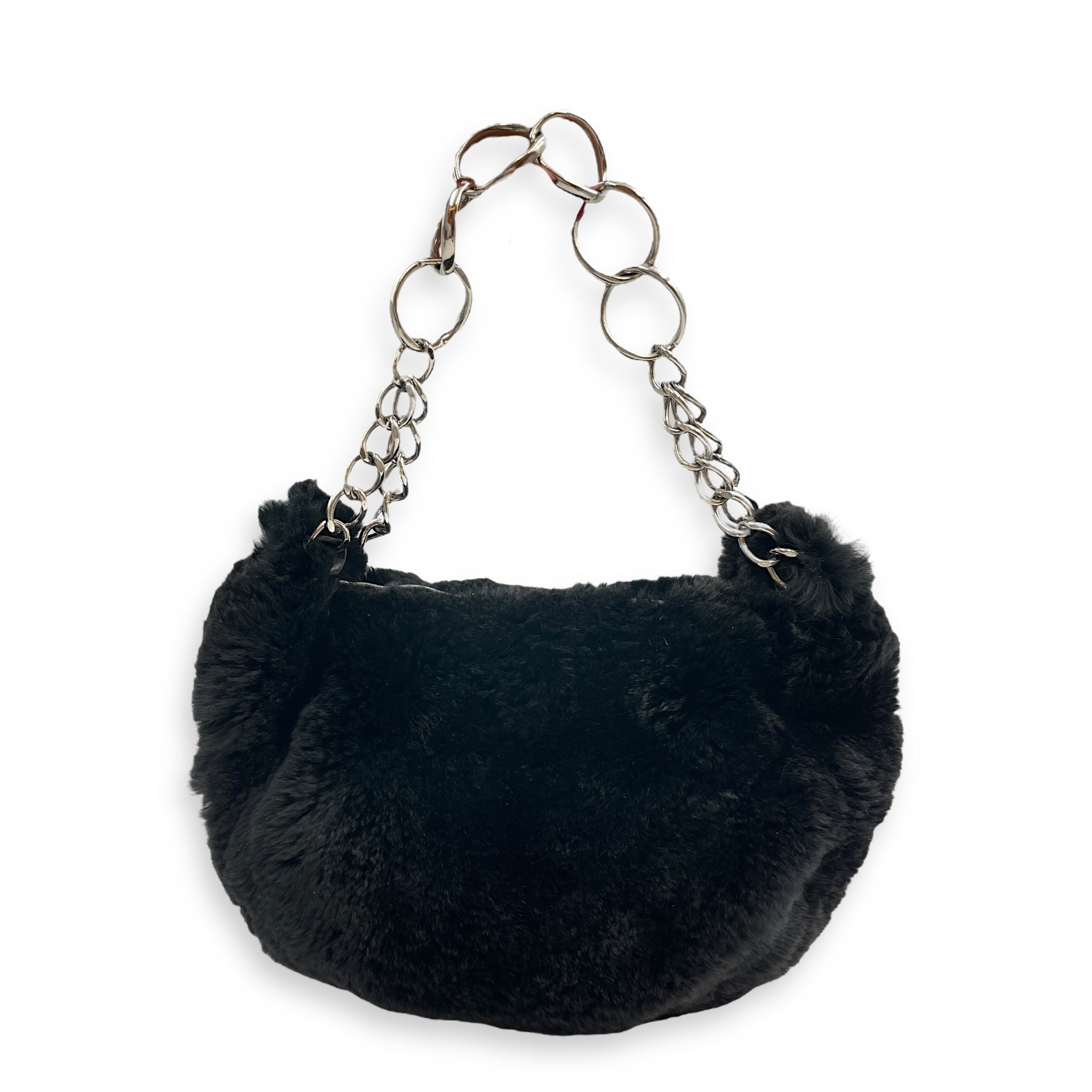 Vintage Black Shoulder Bag in Faux Fur, Silver hardware